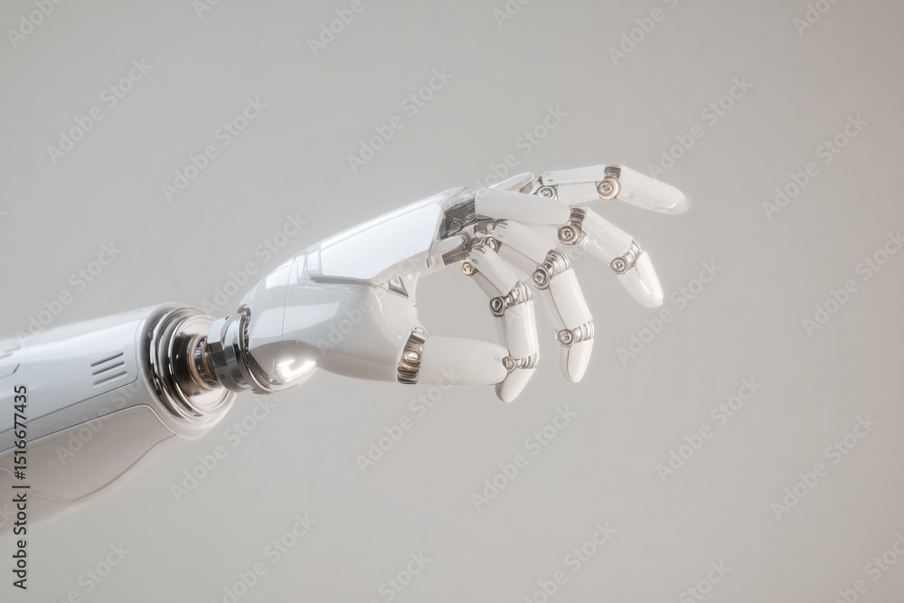 Poster sleek robotic hand extends from mechanical arm emphasizing intersection of technology and human crea