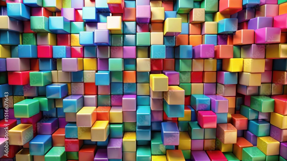Poster A vibrant arrangement of colorful blocks forming an abstract pattern of varied hues and textures
