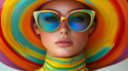 A fashion model wearing colorful sunglasses and a large hat 
