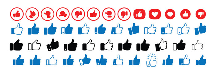Red and Blue Like Dislike Icon Set – Thumbs Up and Down Symbols for Social Media Feedback. Victor illustration eps 10