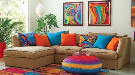Colorful sectional sofa with vibrant throw pillows and colorful artwork.