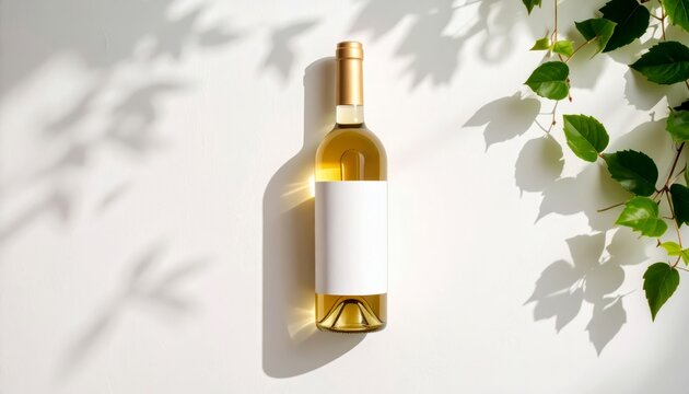 White wine bottle with blank label on white wall under sunlight with green leaves