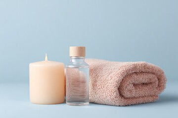 solitary minimalistic arrangement of self-care products like candles essential oils and soft towel