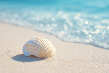 solitary seashell rests on untouched sand with gentle waves in background