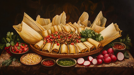 A vibrant display of tamales arranged in a circle with garnishes and accompaniments on a rustic table.