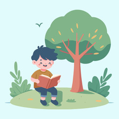 Flat design vector of a happy child reading a book under a tree, minimalist style, pastel colors