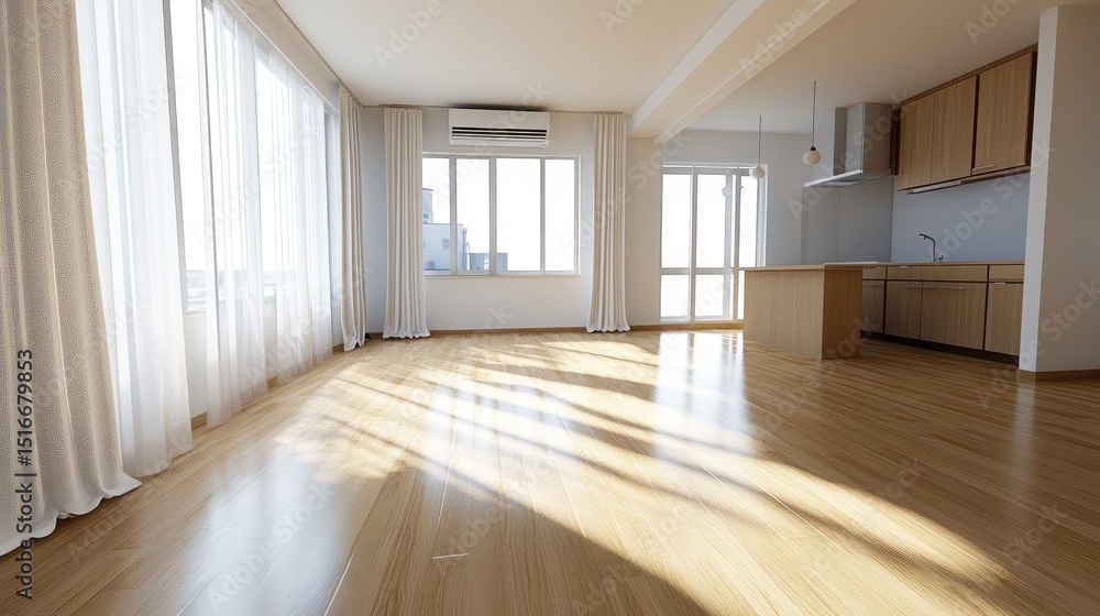 Poster sunlight streams into an open-plan apartment.