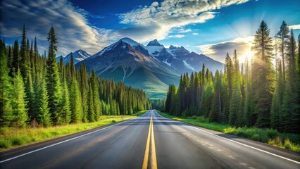 Asphalt ribbon unwinding through a vibrant evergreen forest, towards majestic snow-capped mountains bathed in the golden light of sunrise.