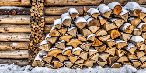 Winter's Embrace A Stack of Firewood Against a Rustic Log Wall, Dusted with Fresh Snow