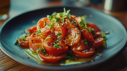 Seared tomato salad with olive oil and herbs, food photo, delicious, fresh, colorful plate, natural light.