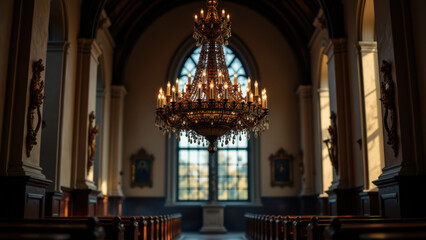 Obraz premium Choir stalls with ornate chandelier and stained glass windows.
