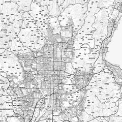 Kyoto Area Map with Labels and Neighborhoods - One color, minimalistic design