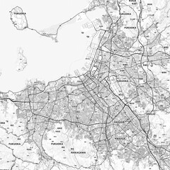 Naklejka premium Fukuoka Area Map with Labels and Neighborhoods - One color, minimalistic design