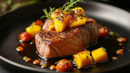 Seared tuna steak with mango and tomato sauce, close-up on a dark plate. Gourmet food.