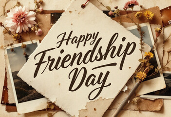 Youthful Scrapbook Style Friendship Day Design with Photos, Flowers, and Bright Colors