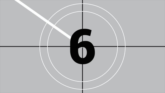 Real time countdown leader graphic counting from 10 to 0 with numerals reverse, vintage style in monochrome color
