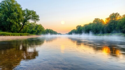 the moon casts a soft glow over the tranquil river, as mist lazily drifts along the surface, enveloping the silhouettes of trees lining the banks in a mystical embrace