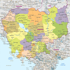 Fototapeta premium Detailed political map of Cambodia