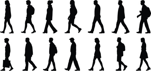 Walking people silhouette vector illustration, side view of men and women, urban style, casual poses, black character design set