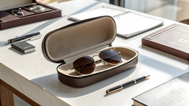 Sunglasses in a brown leather case with a pen and notebook on a marble table, showcasing a stylish and elegant workspace with personal accessories