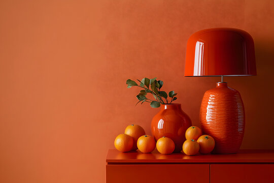 Close-up of a sideboard with oranges, bold red lamp, and ceramic vases against an orange wall. Copy space. - Powered by Adobe