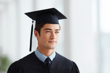 young graduate in minimalist cap and gown stands against bright uncluttered background looking forward with full sense