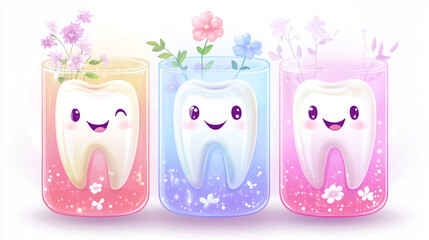 Set of three cute, smiling teeth with flowers in a transparent glass container, against a white background with a glowing light effect.