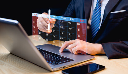 Businessmen are marking dates on a virtual calendar, managing business schedules, setting reminders for important appointments, creative clippings for planning ideas, appointment schedulers.