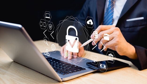Privacy network security concept, data protection, businessman using laptop smartphones, secure encryption technology, secure Internet access, encryption, secure user privacy data anti-theft firewall.