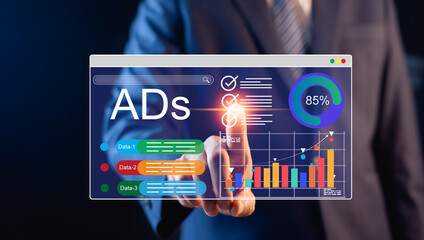 Modern digital marketing concepts for product promotion, advertising via social media, email, website and search engines across all channels. Digital marketing development strategies and goals.