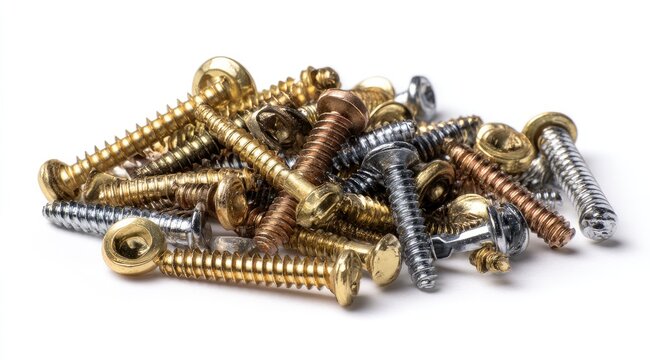 Assorted metal screws and bolts.  A variety of sizes and finishes, including gold, bronze, and silver, are tightly clustered together
