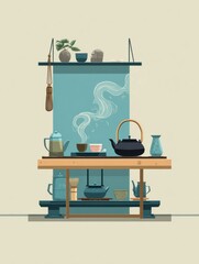 Serene Tea Ceremony Setup Featuring Soft Steam and Harmonious Colors in a Tranquil Environment