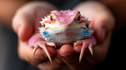 A colorful lizard rests comfortably in outstretched hands, highlighting the beauty of exotic pets and the bond they share with their human caretakers.