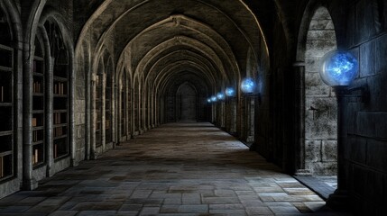 Fototapeta premium Long stone corridor with arched passages and glowing orbs.