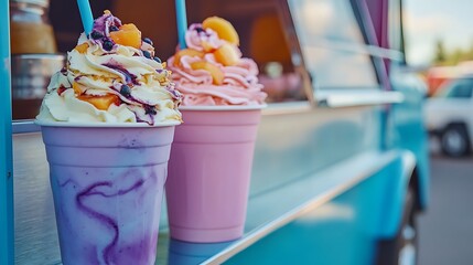 Blueberry and peach swirl milkshake in pastel cups on a retro outdoor food truck