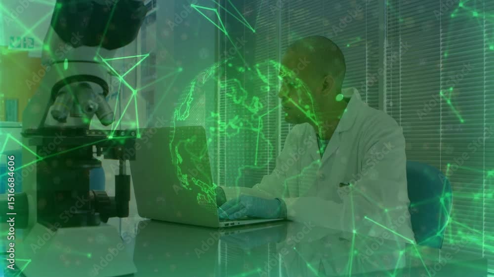 Poster researcher typing on laptop running analysis as green hologram globe rotating and streaming data