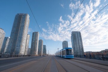 Fototapeta premium apartment skyline backdrop framing passing streetcar or tram on modern urban tracks with uniform blue sky as clean