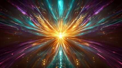 Fototapeta premium A glowing, golden burst expanding outward from the center, surrounded by streaks of shimmering purple and turquoise light, creating a surreal and dynamic effect. 