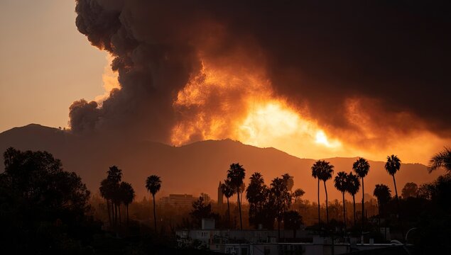 Fierce wildfire engulfs mountainside at sunset.  Dark smoke billows against orange flames. Silhouetted palm trees and buildings line the foreground