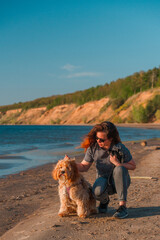 A curly-haired brown Labradoodle or Cavapoo dog with a young woman are best friends by the sea at sunset.