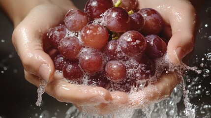 Fototapeta premium Fresh red grapes being washed in water.