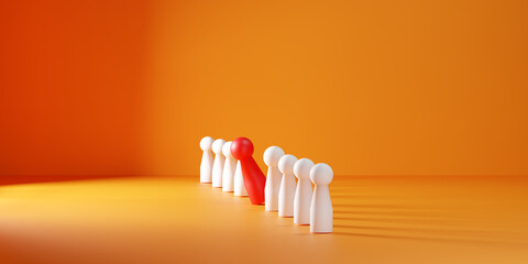 3D concept of leadership and talent management with a red wooden figure standing out from the crowd. Great for illustrating HR, teamwork performance, recruitment, and business growth visuals.