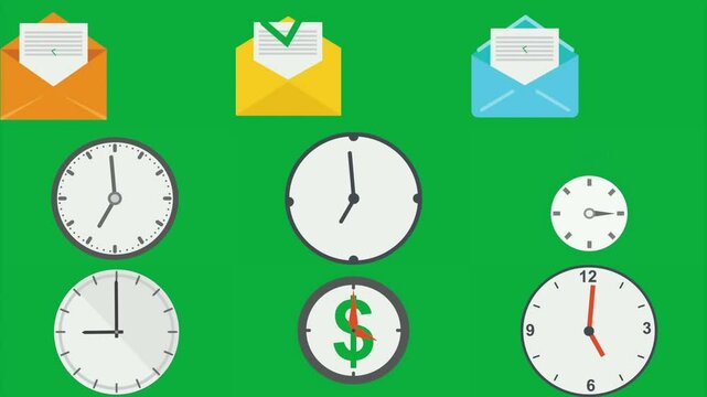 green screen white background clock icon dollar sign it envelope yellow email image check mark google logo blue sticker red center squares middle animated chromakey background.