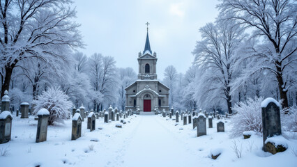 A snow-covered cemetery with a quaint church at the end, creating a peaceful winter scene.
