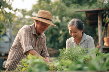 Elderly Thai couple garden. They look happy and content