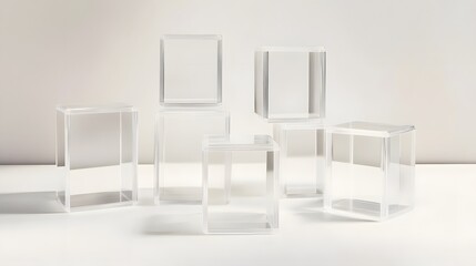 Fototapeta premium Clear acrylic cube display boxes arranged on a white surface.