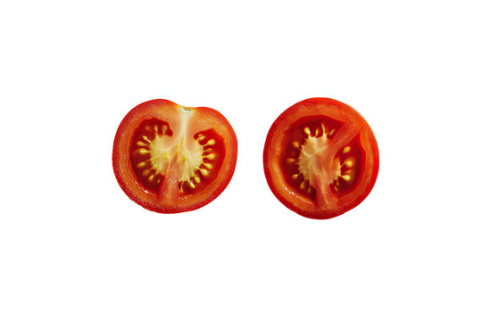 Two tomato halves, vibrant red, sliced