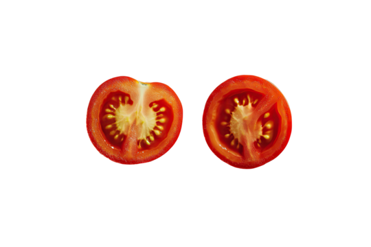 Two tomato halves, vibrant red, sliced
