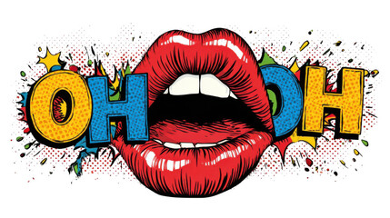 Open red lips spitting out colorful letters forming the interjection oh oh, a retro comic style illustration with halftone dots and radial explosion on a transparent background