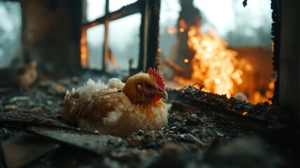 A lone chicken rests amidst the charred remains of a landscape, evoking themes of survival and resilience against the backdrop of a destructive fire.Emphasizing fragile life.
